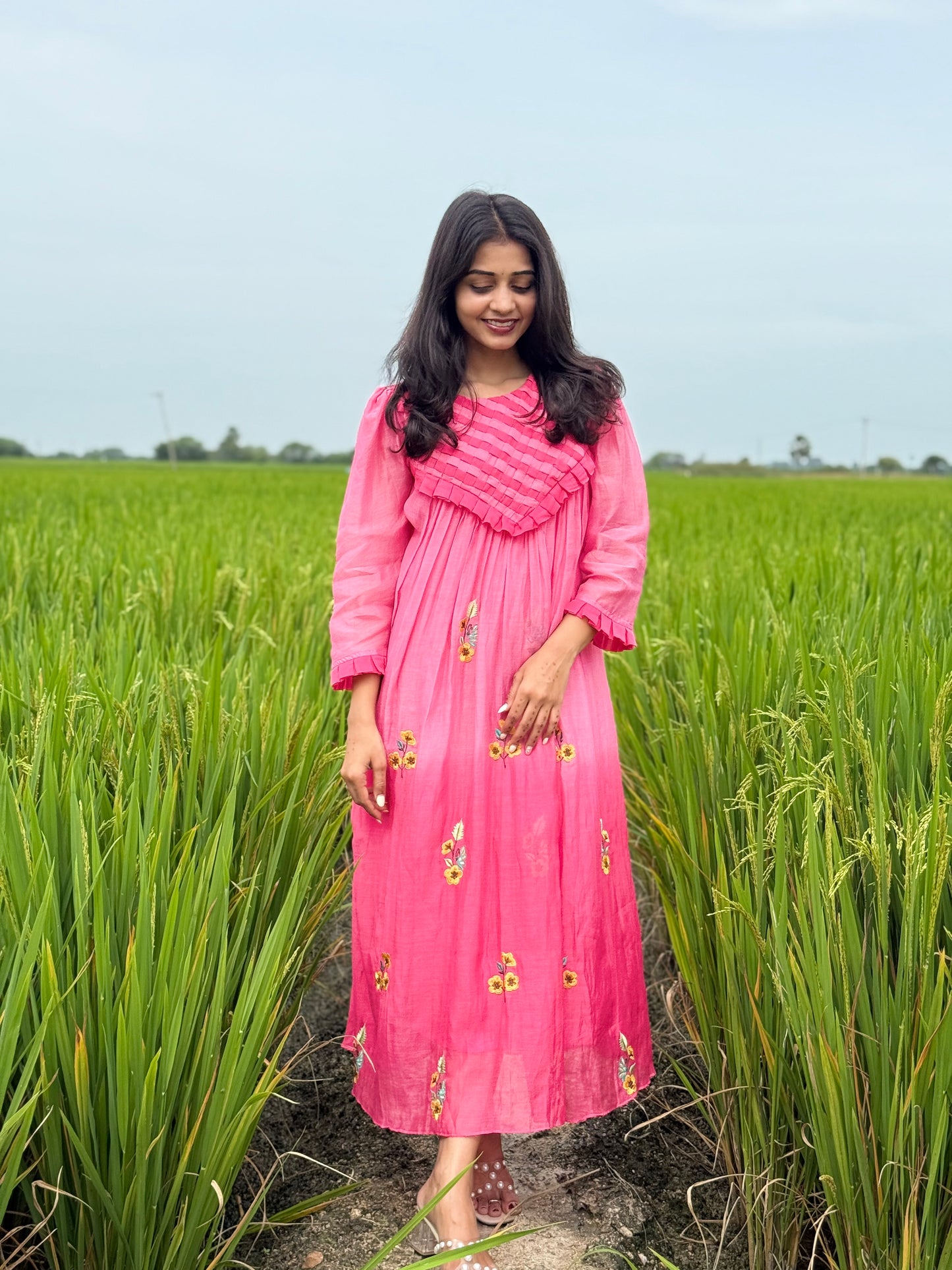 A0539 Pink Bloom 🌸 mul chanderi shaded one piece dress with floral embroidery and different yoke part