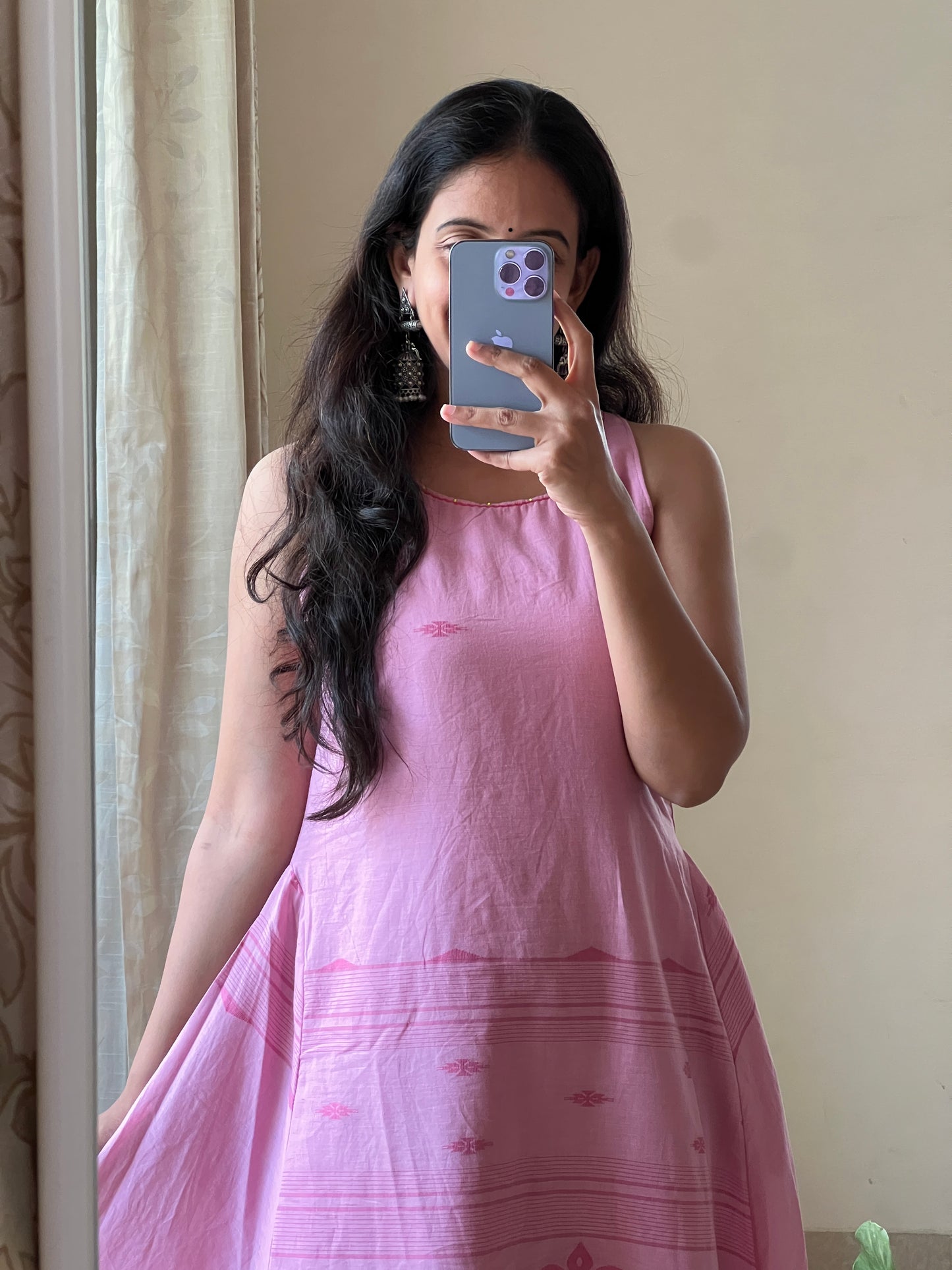 A0392 baby pink Bengal cotton jamdani one piece dress