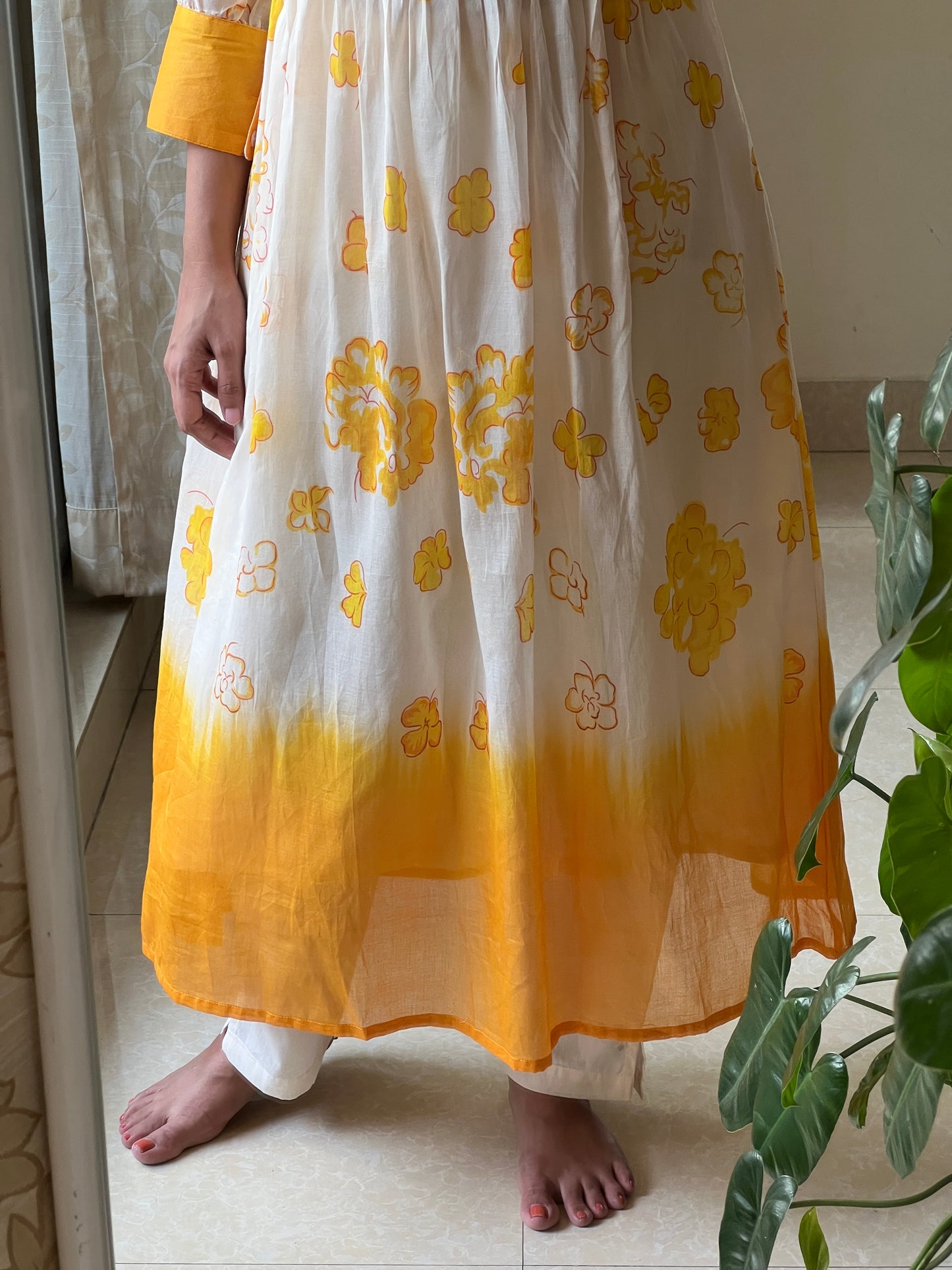 A0469 half white & yellow Mulmul cotton 2pc dress with block print floral detailing