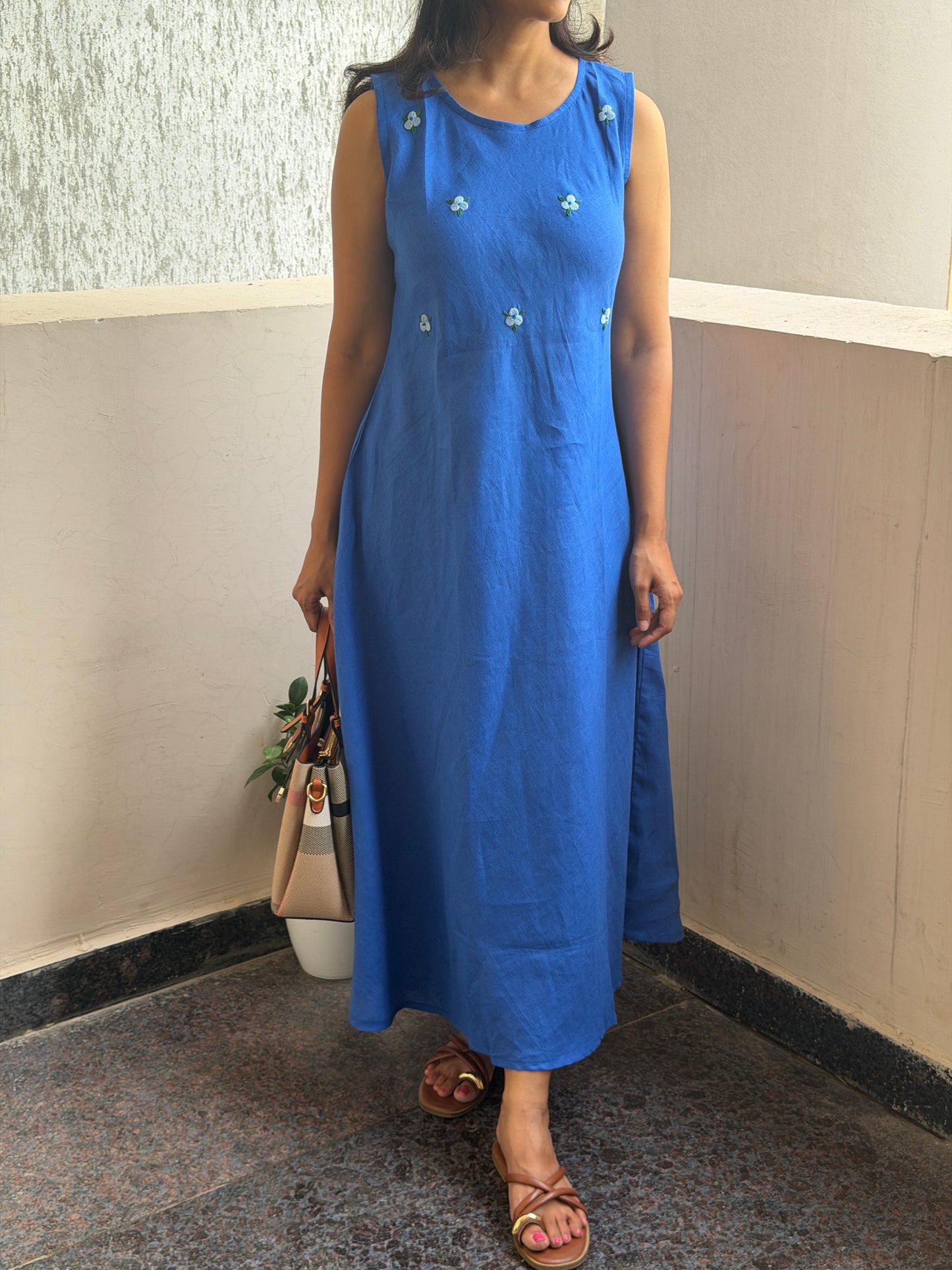 A0774 blue Linen a line dress with hand embroidery floral butties.