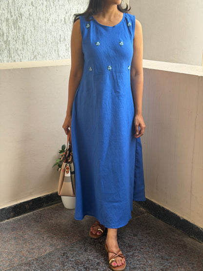 A0774 blue Linen a line dress with hand embroidery floral butties.