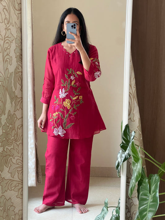 A0584 Red mul chanderi coord set with applique work detailing