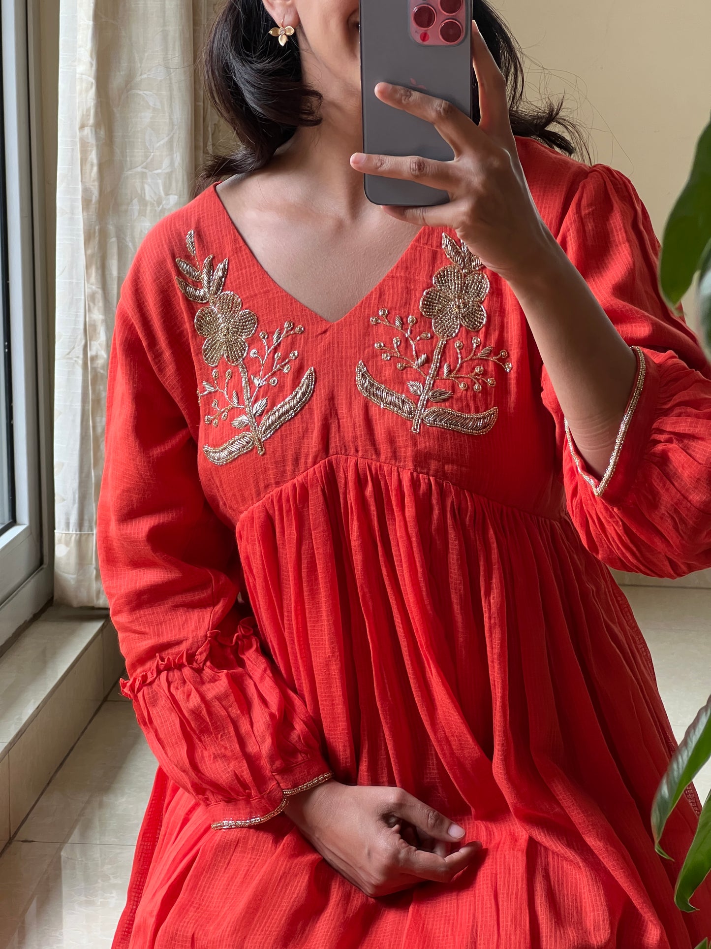 A0506 orange cotton kota one piece dress with hand embroidery detailing on yoke part