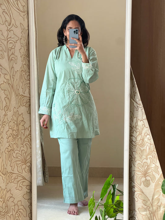 A0448 Pista Green Mulmul coord set with hand embroidery detailing