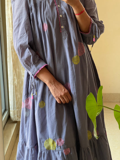 A0661 blue Jamdani cotton one piece dress with machine embroidery detailing all over the dress
