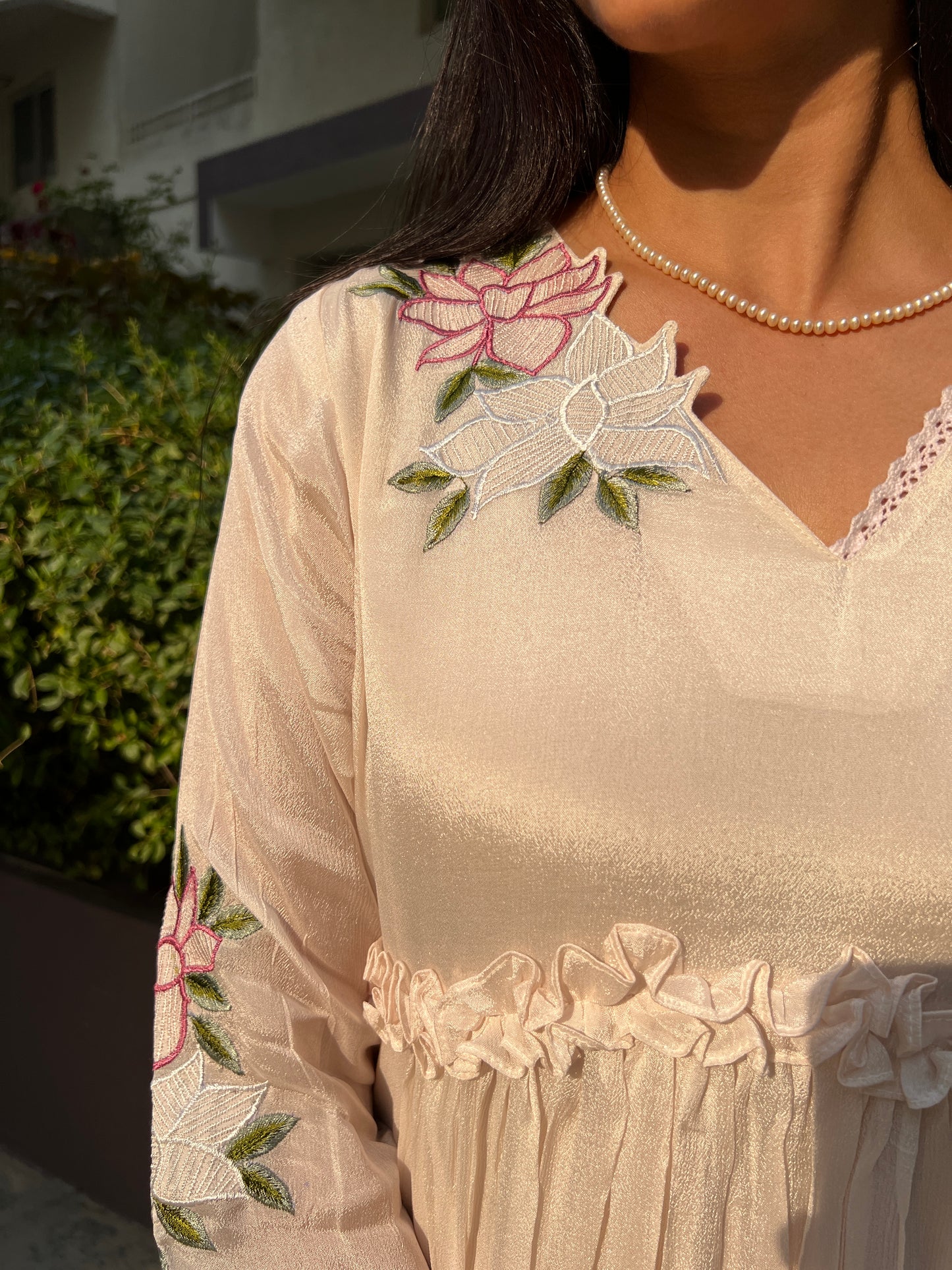 A0367 half white or cream chinnon one piece dress with hand embroidery detailing