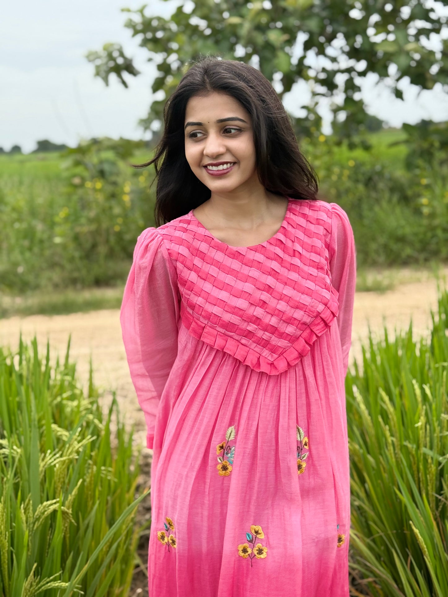 A0539 Pink Bloom 🌸 mul chanderi shaded one piece dress with floral embroidery and different yoke part