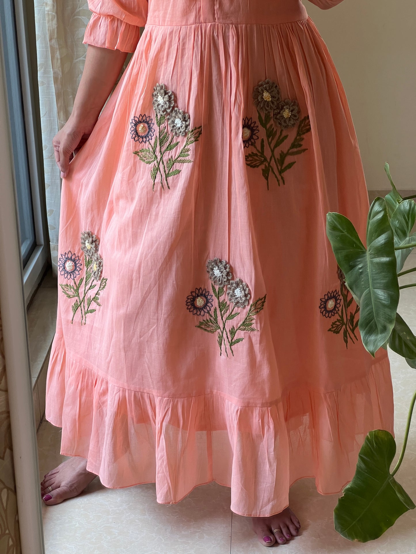 A0394 peach Mulmul one piece dress with jute thread work detailing