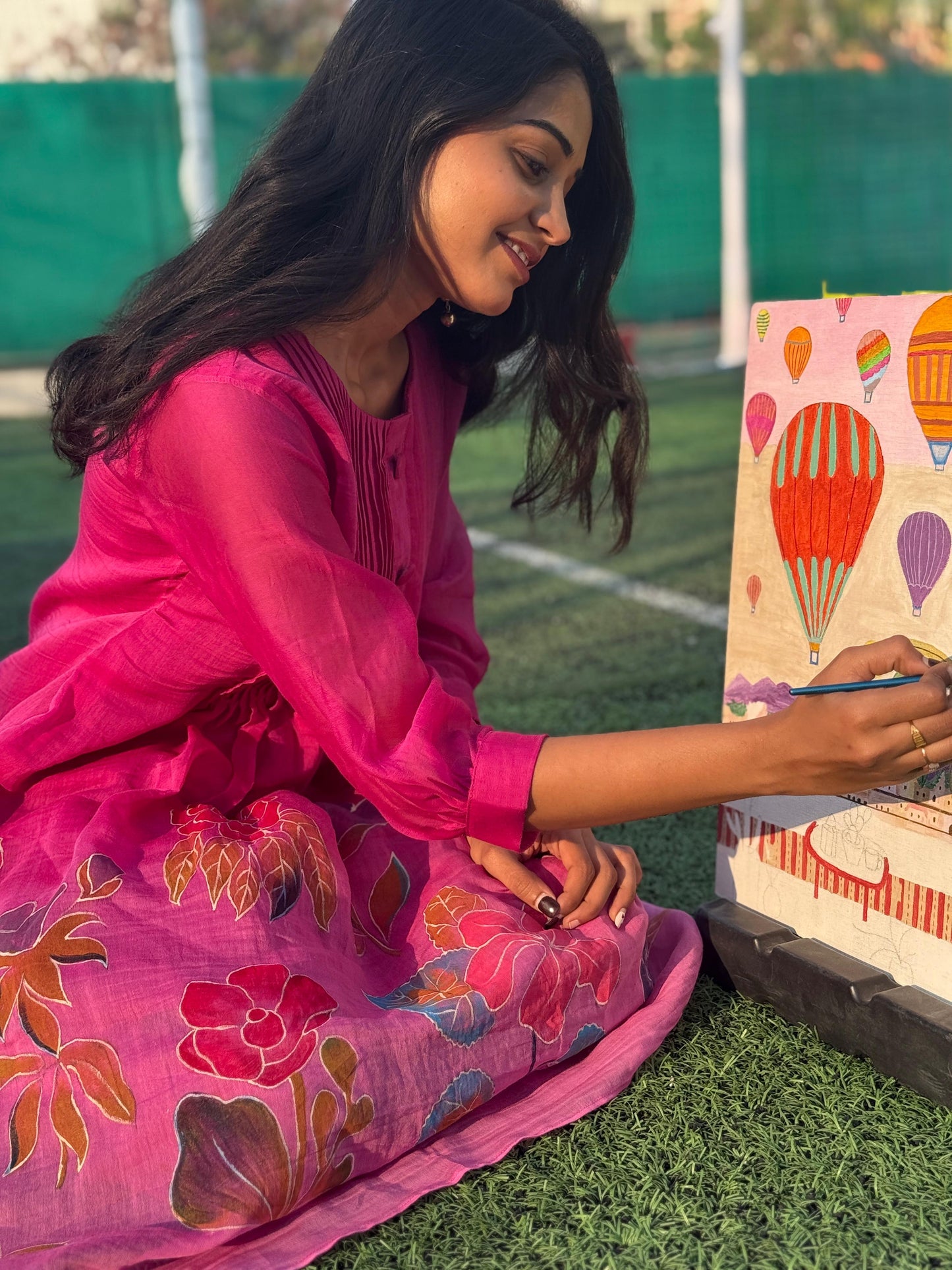 Pink shaded hand painted Mal-chanderi Co-ord set