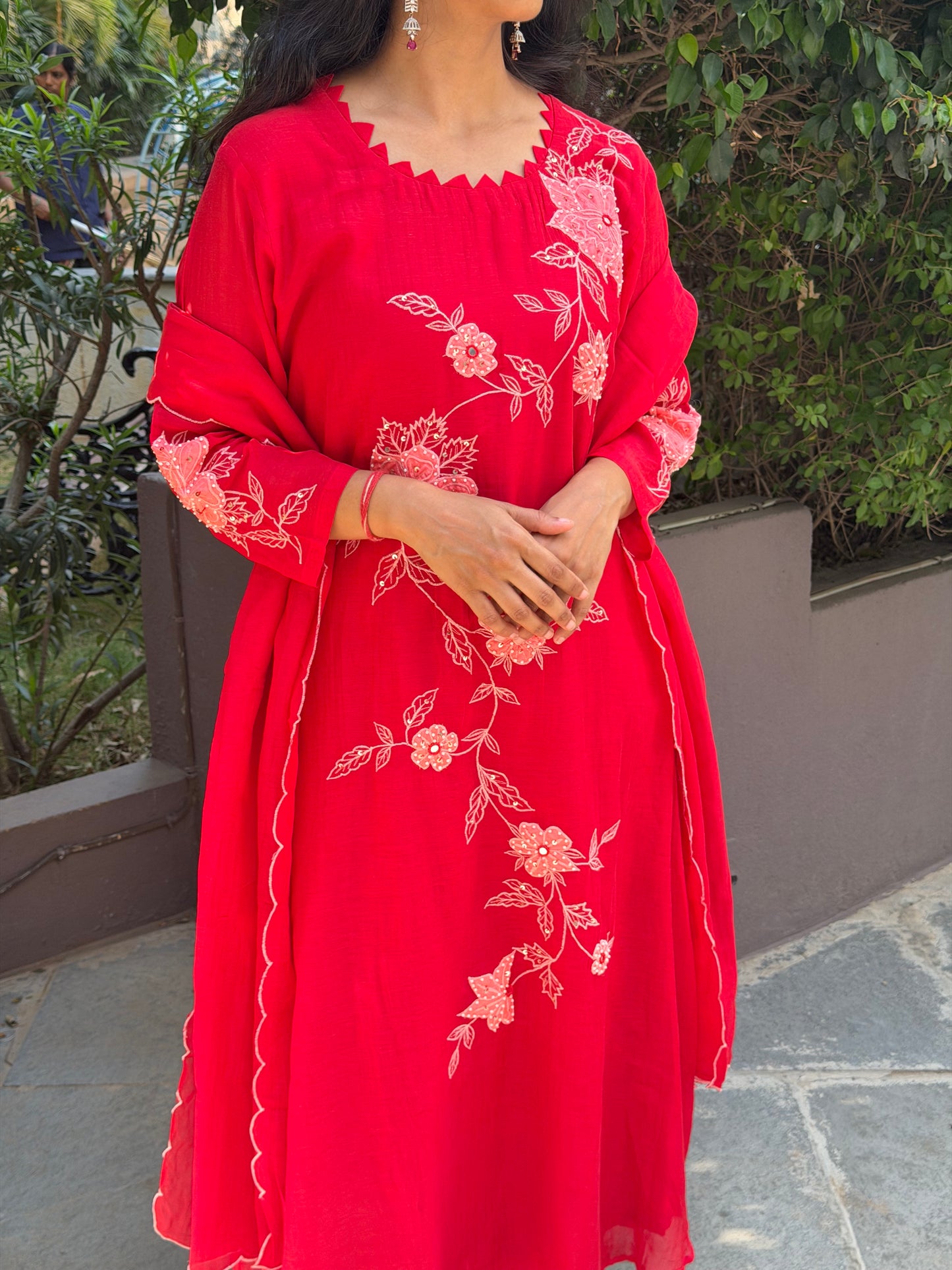 A0698 red mul chanderi 3 piece dress with applique & hand work detailing all over the dress