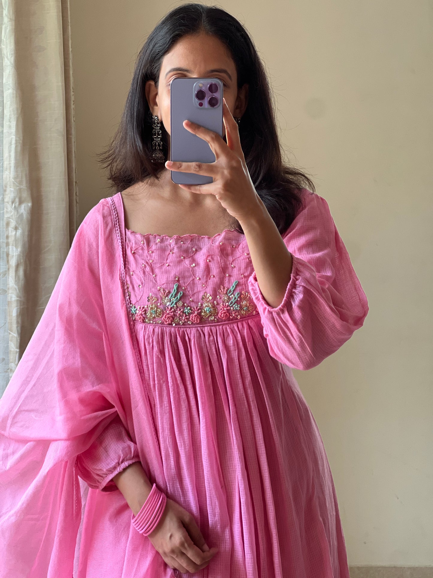 A0510 baby pink cotton kota 3 piece dress with hand embroidery detailing on yoke and butties all over dupatta