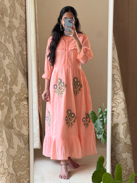 A0394 peach Mulmul one piece dress with jute thread work detailing