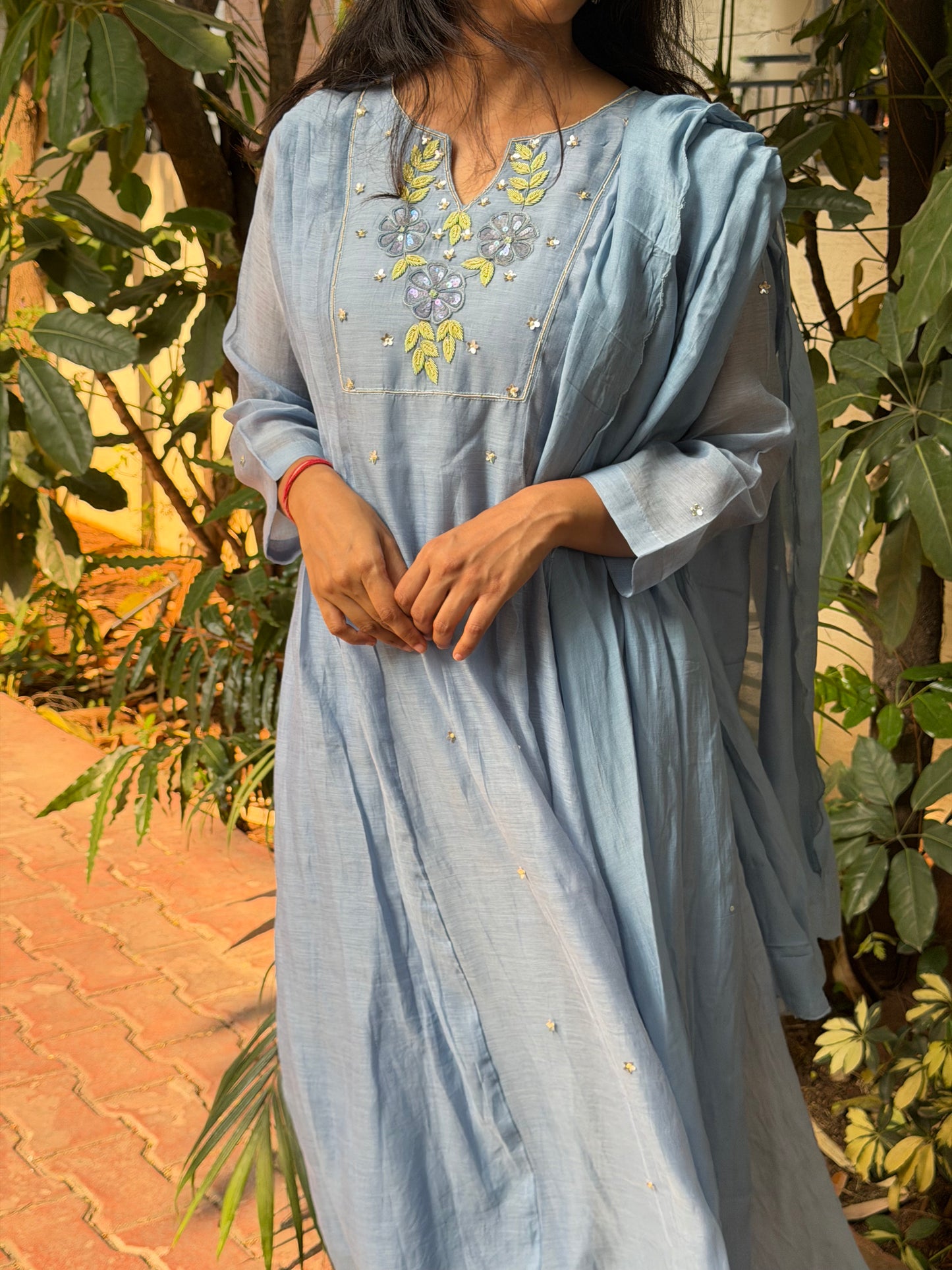 A0699 powder blue mul chanderi 3 piece set with hand embroidery detailing on yoke part comes with stall duppatta