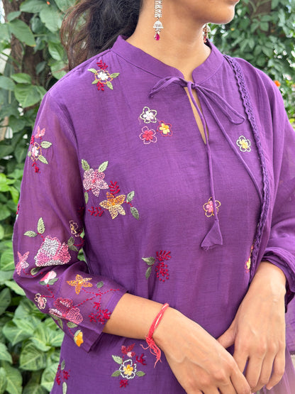 A0687 Premium Mul Chanderi 3pc set with floral hand embroidery details