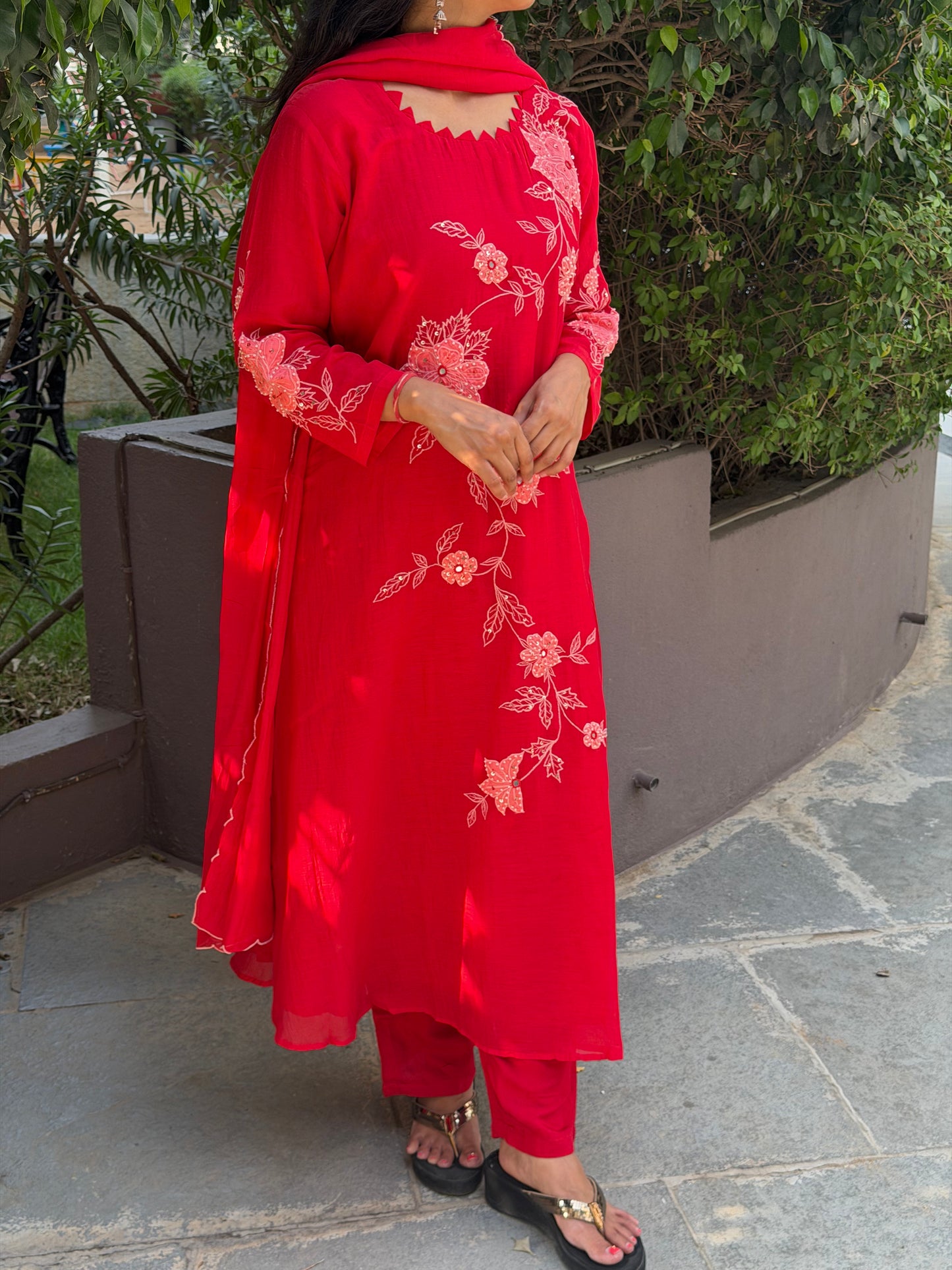 A0698 red mul chanderi 3 piece dress with applique & hand work detailing all over the dress