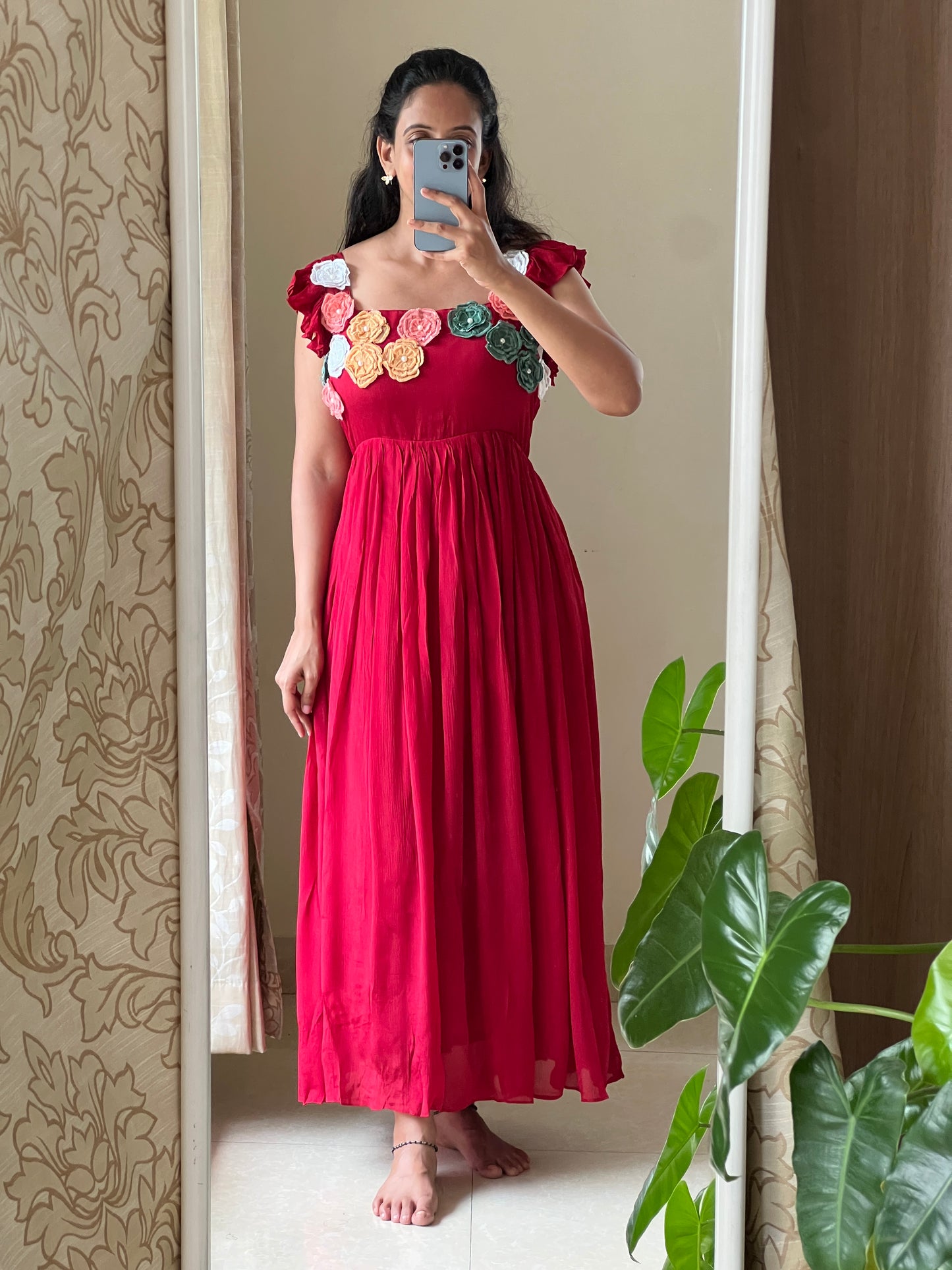 A0505 red chinnon one piece dress with multi colour floral applique work detailing on yoke part