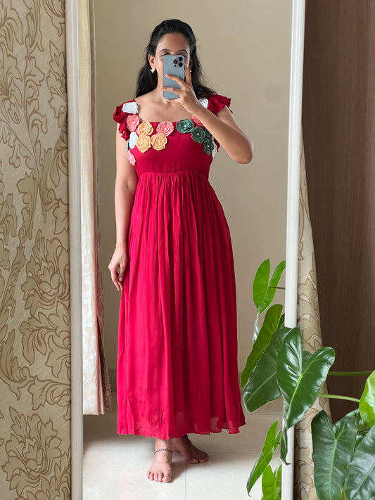 A0505 red chinnon one piece dress with multi colour floral applique work detailing on yoke part