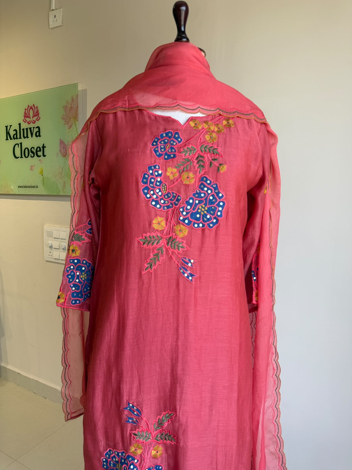 A0858 pink mul chanderi 3 piece dress with applique work