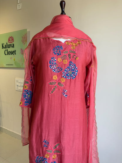 A0858 pink mul chanderi 3 piece dress with applique work