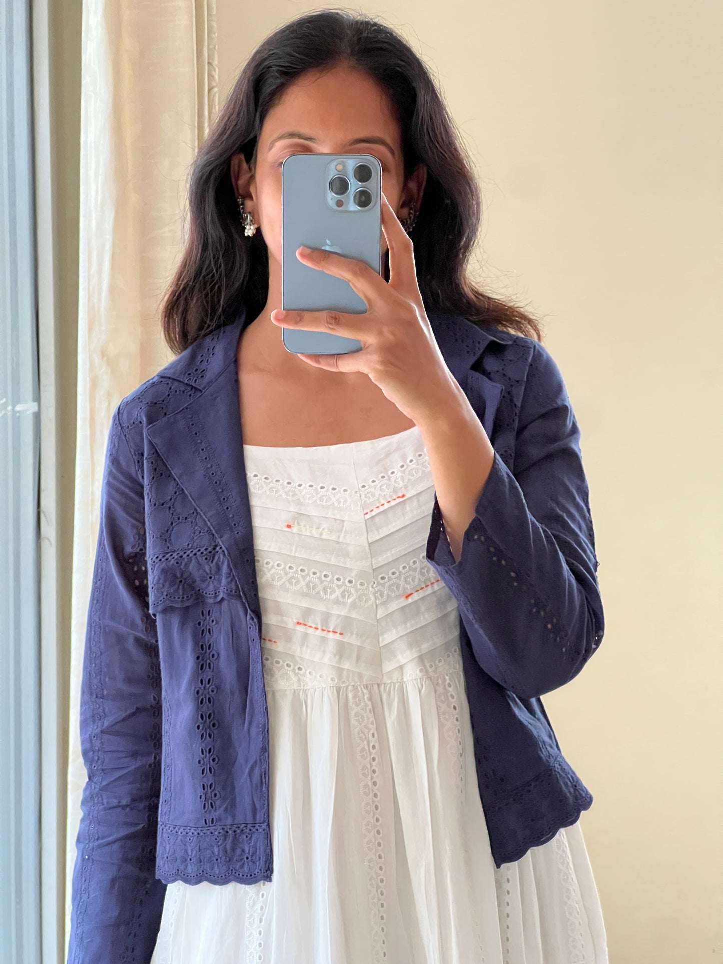 A0555 white & blue shaded hakoba cotton one piece dress with coat