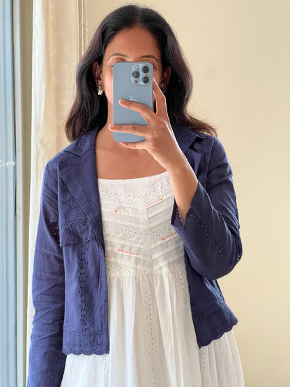 A0555 white & blue shaded hakoba cotton one piece dress with coat
