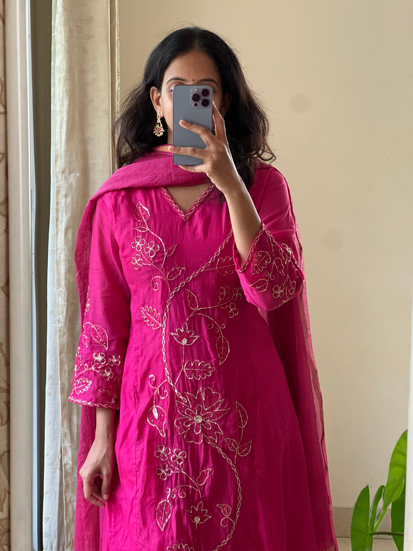 A0523 pink mul chanderi 3 piece dress with hand embroidery and pitta work all over the dress