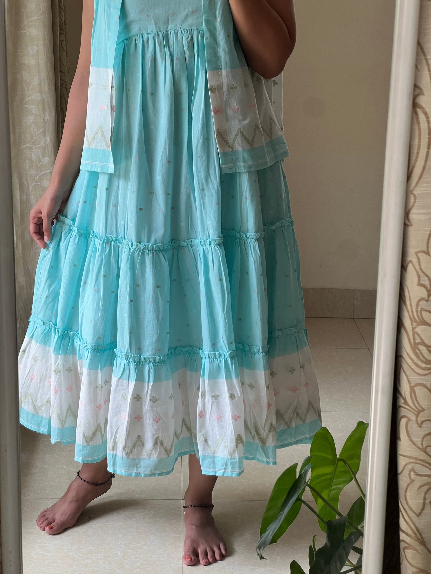 Bengal cotton Jamdani coat dress in beautiful Blue shade with