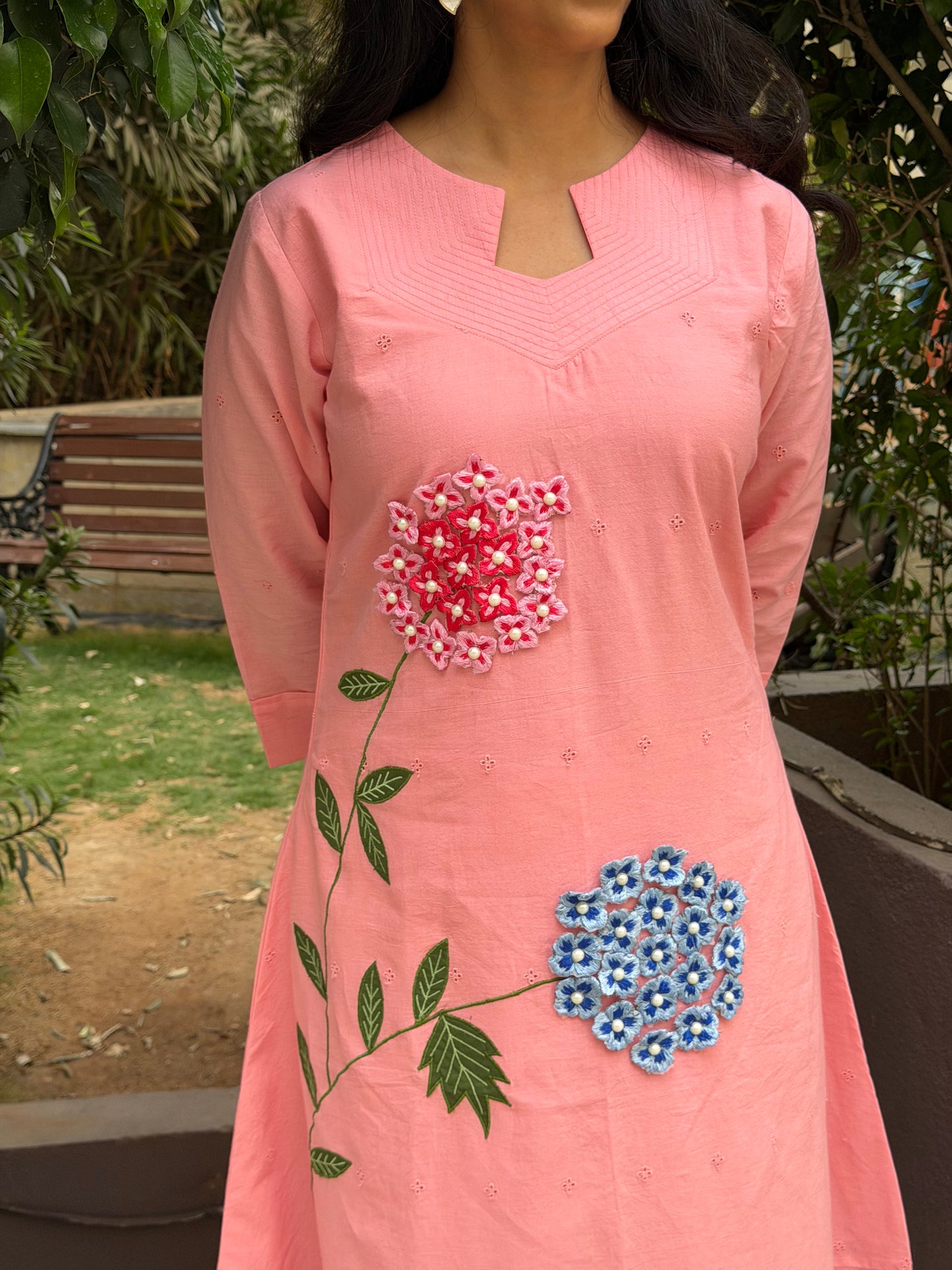A0652 Pink shade Mulmul cotton 2pc with applique work leaves, 3d flowers and hakoba detailing