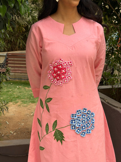A0652 Pink shade Mulmul cotton 2pc with applique work leaves, 3d flowers and hakoba detailing