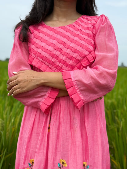 A0539 Pink Bloom 🌸 mul chanderi shaded one piece dress with floral embroidery and different yoke part