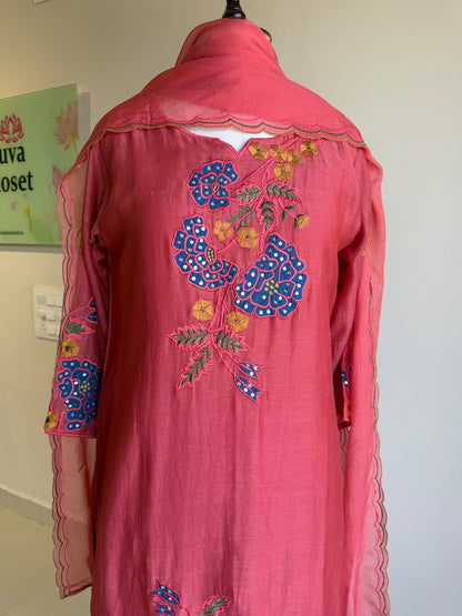 A0858 pink mul chanderi 3 piece dress with applique work