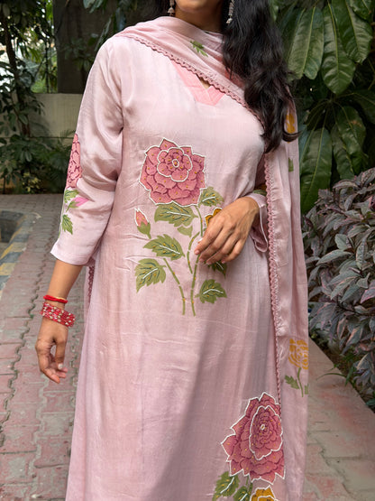 A0656 rose pink chinnon 3 piece dress with hand paint & moti embroidery detailing all over the dress & duppatta