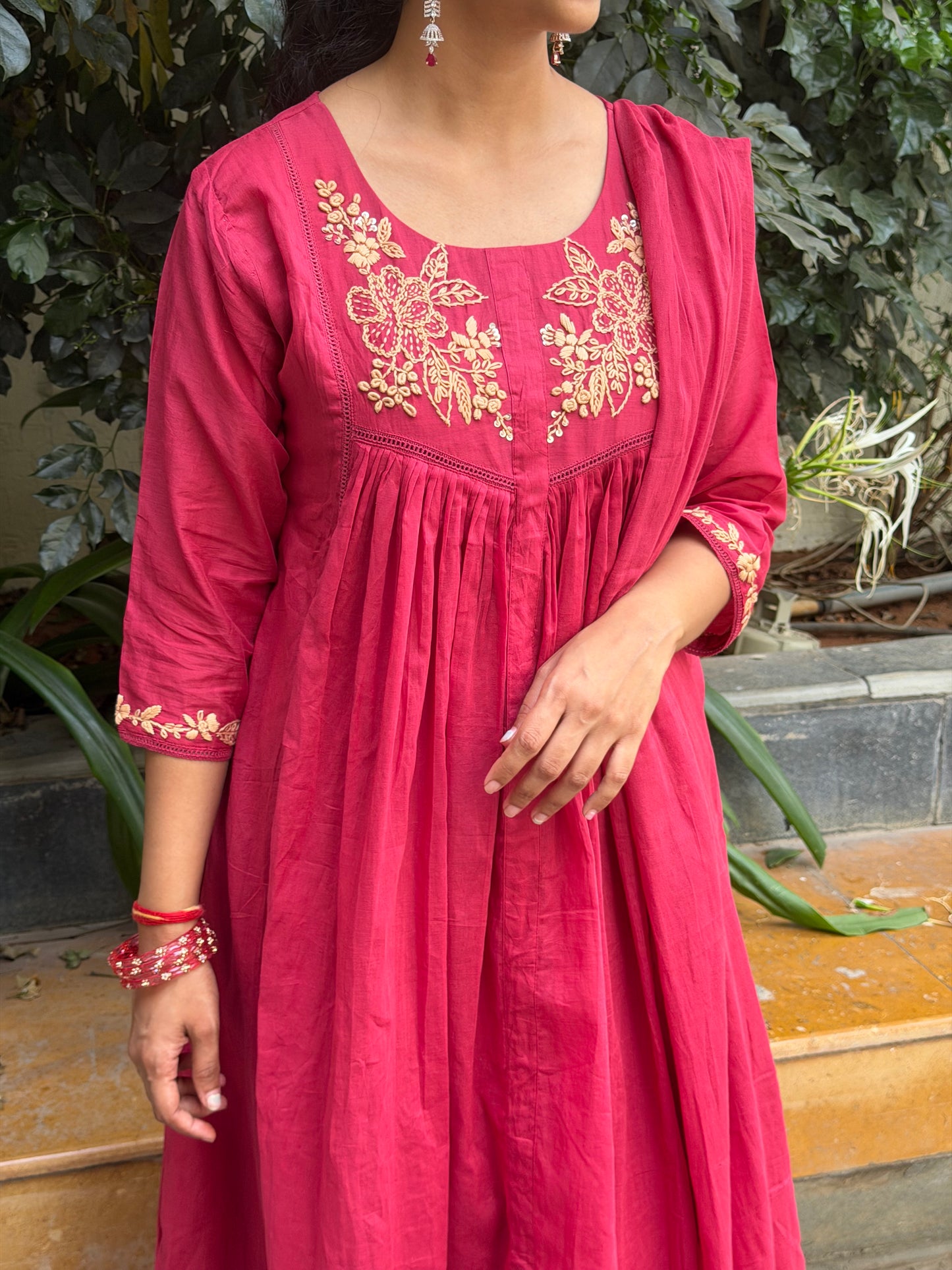 A0658 maroon Mul cotton 3pc set with embroidery detailing