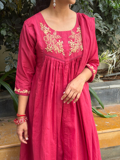 A0658 maroon Mul cotton 3pc set with embroidery detailing