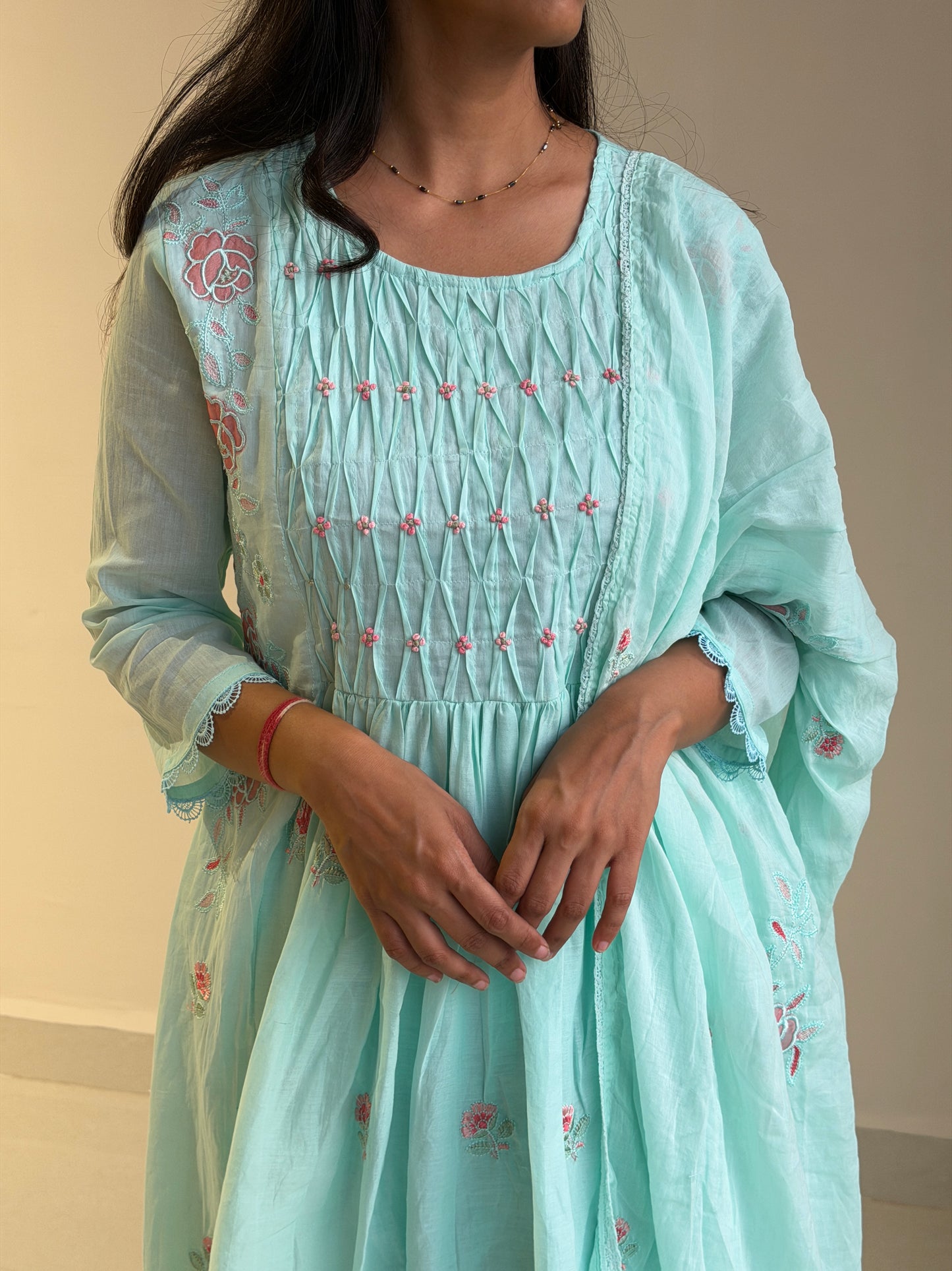 A0722 sea blue mul cotton 3 piece dress with knot, applique work detailing comes with cotton lining