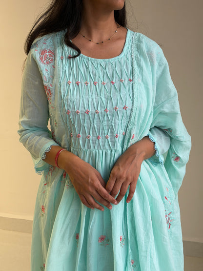 A0722 sea blue mul cotton 3 piece dress with knot, applique work detailing comes with cotton lining