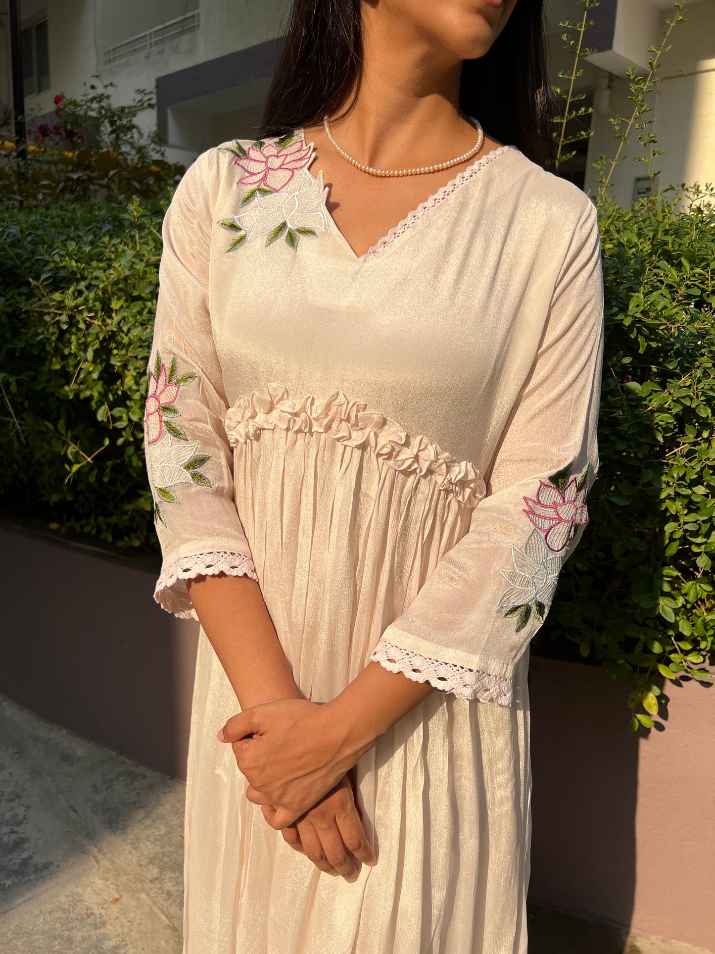 A0367 half white or cream chinnon one piece dress with hand embroidery detailing