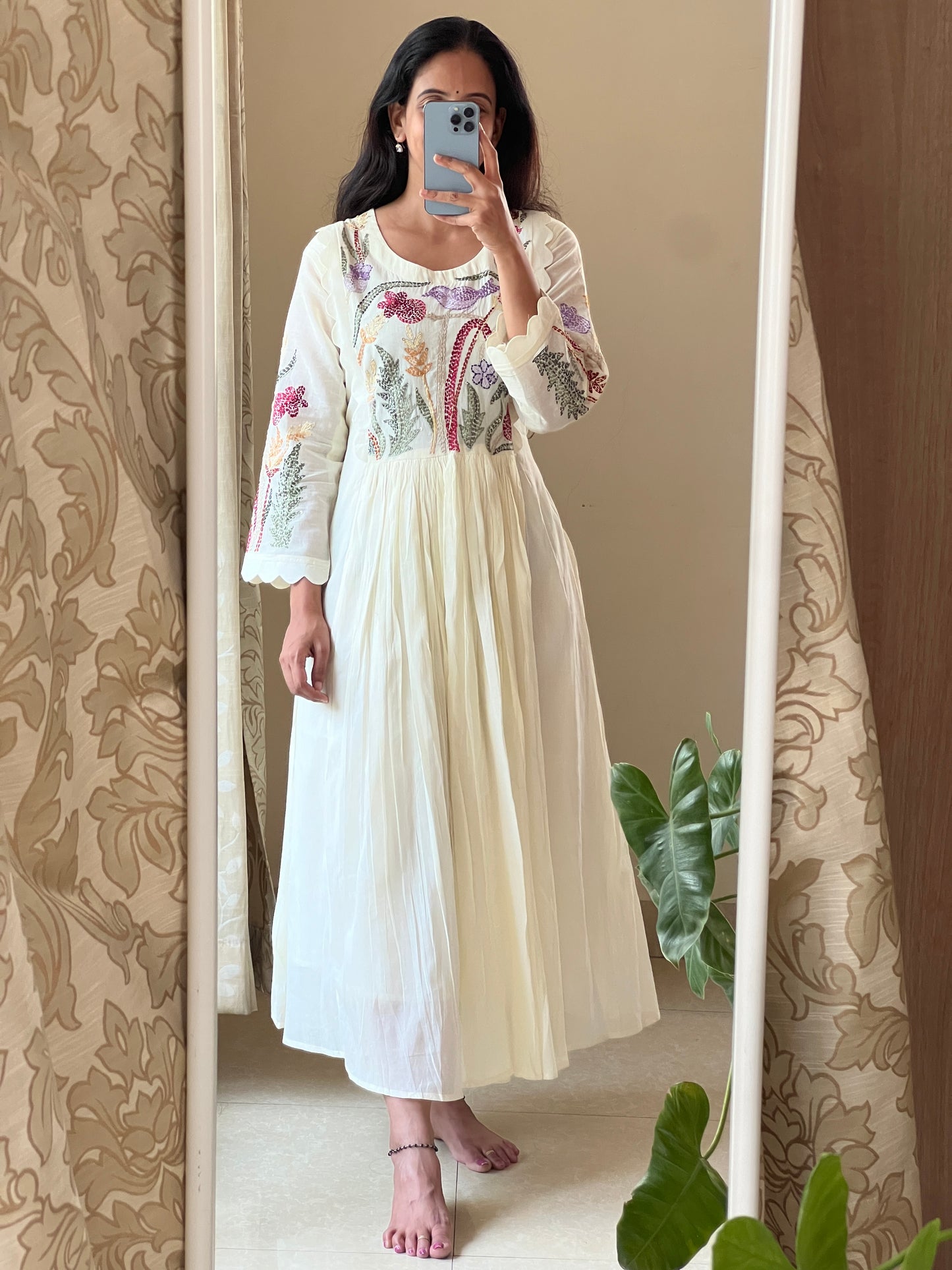 A0393 half white Mulmul one piece dress with kantha work detailing on yoke part