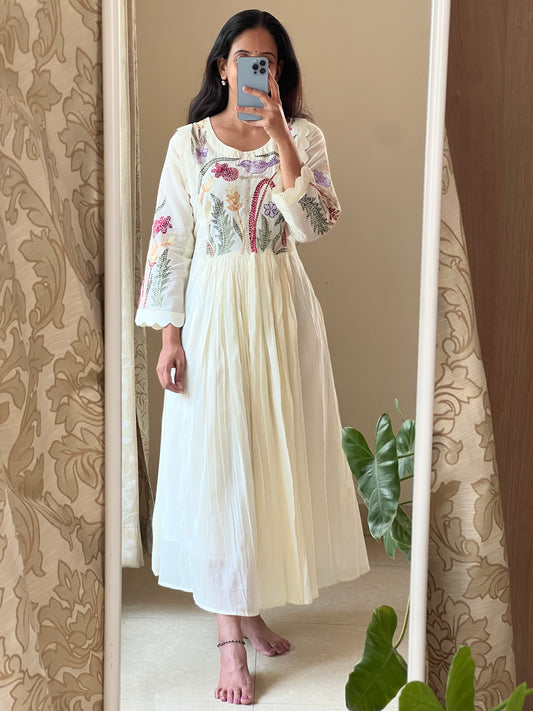 A0393 half white Mulmul one piece dress with kantha work detailing on yoke part