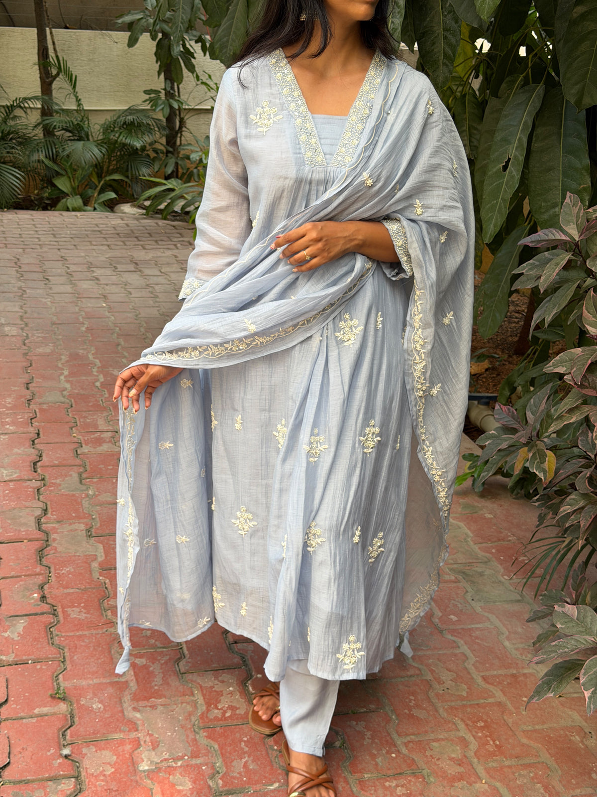 A0889 powder blue mul chanderi 3 piece dress