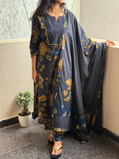 A0818 navy blue pure cotton kalamkari 3 piece suit