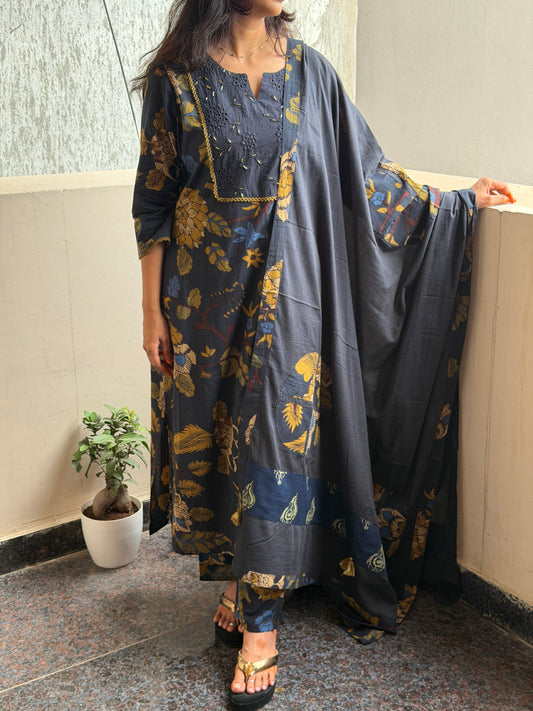 A0818 navy blue pure cotton kalamkari 3 piece suit