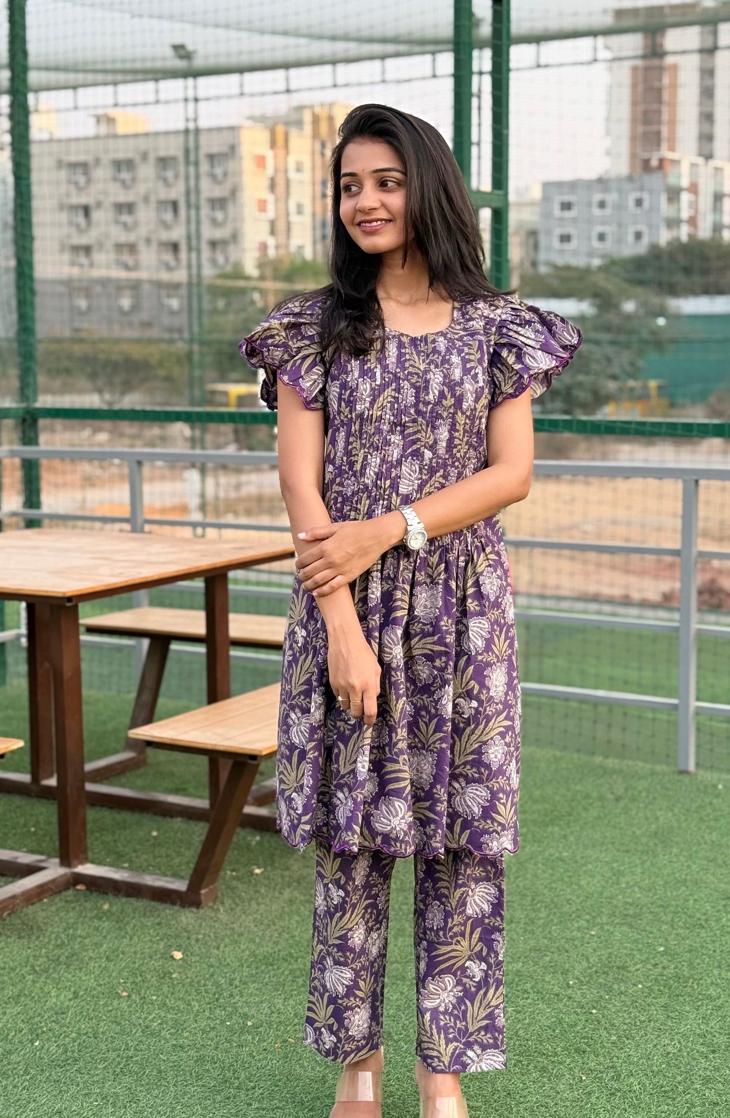 A0377 purple pure cotton hand block print coord set with pleats & cut work machine embroidery detailing