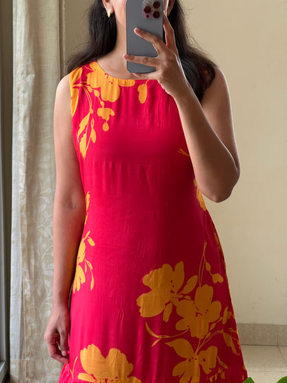 A0512  red & yellow cotton silk one piece dress with digital floral printed pattern, sleeves are provided inside