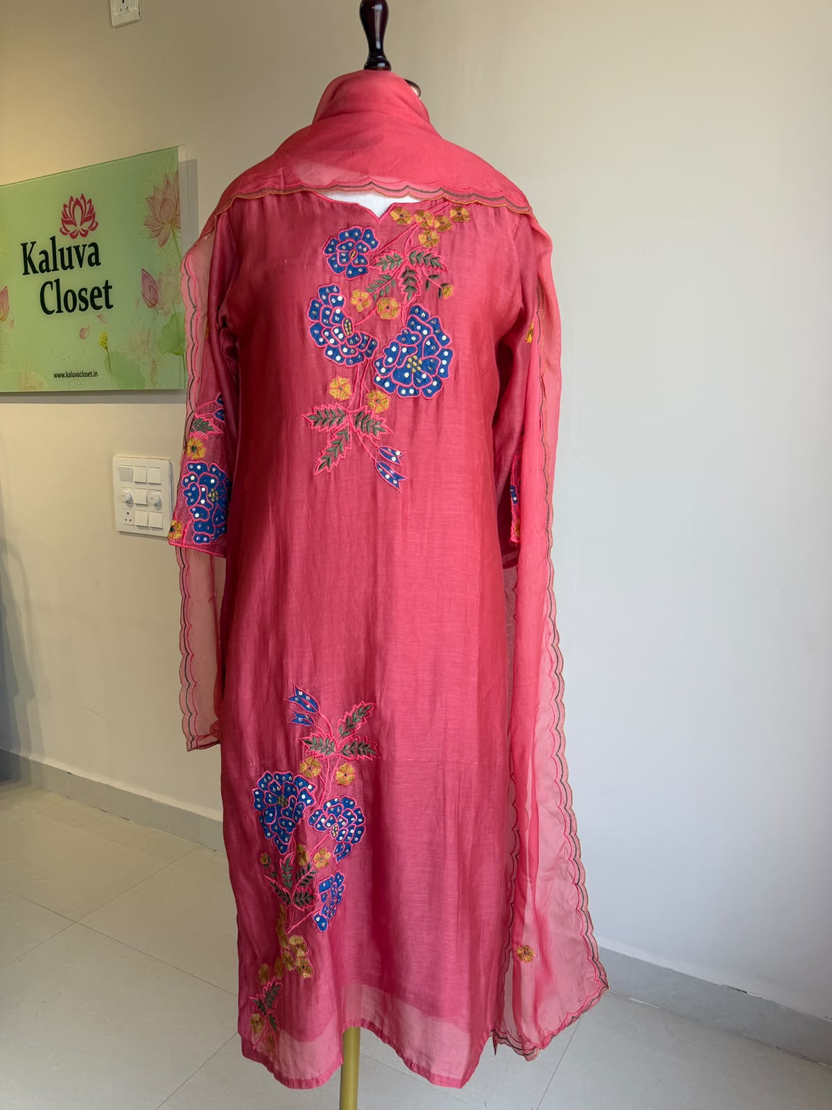 A0858 pink mul chanderi 3 piece dress with applique work