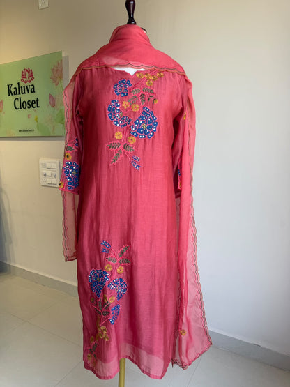A0858 pink mul chanderi 3 piece dress with applique work