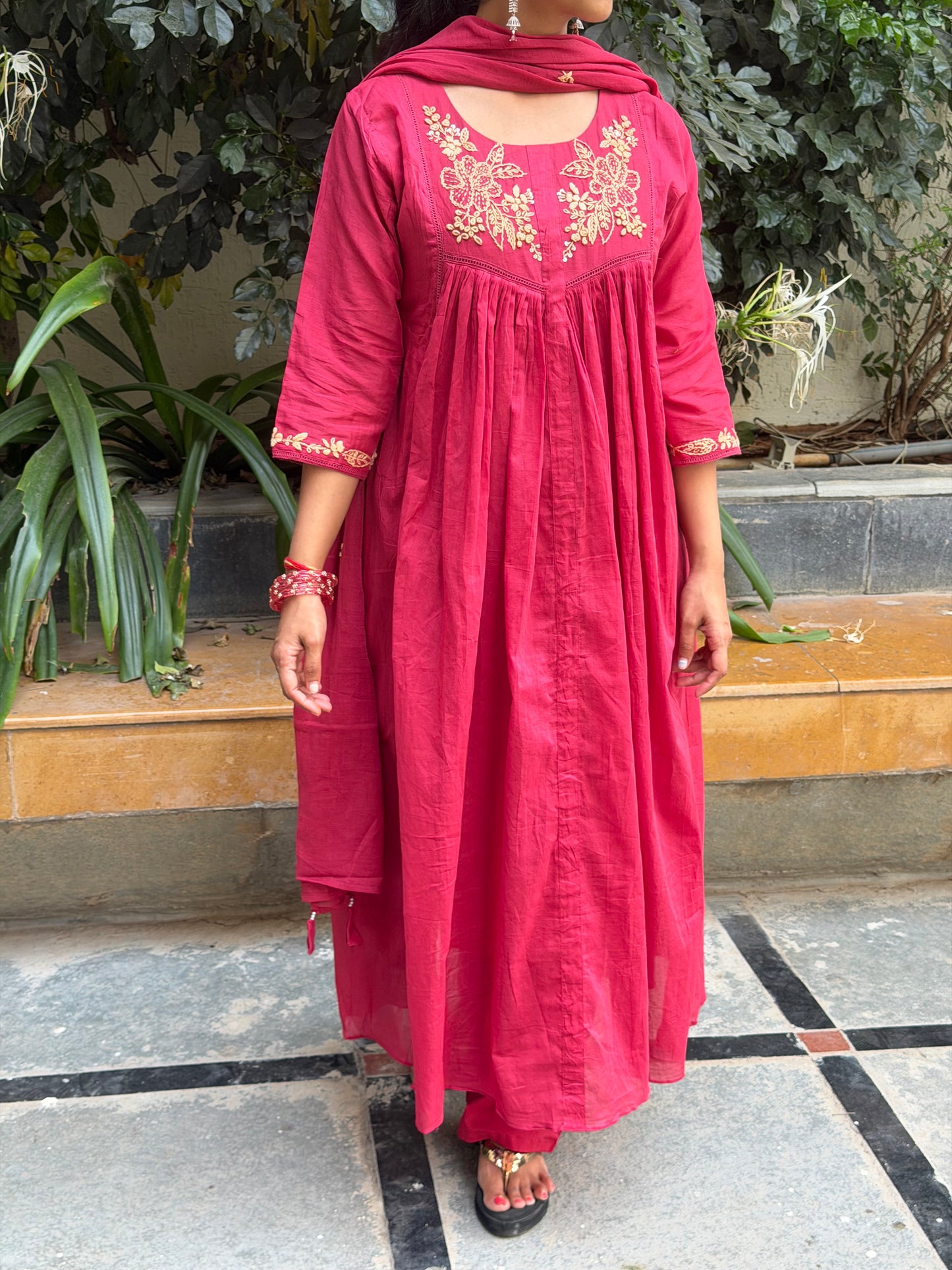 A0658 maroon Mul cotton 3pc set with embroidery detailing