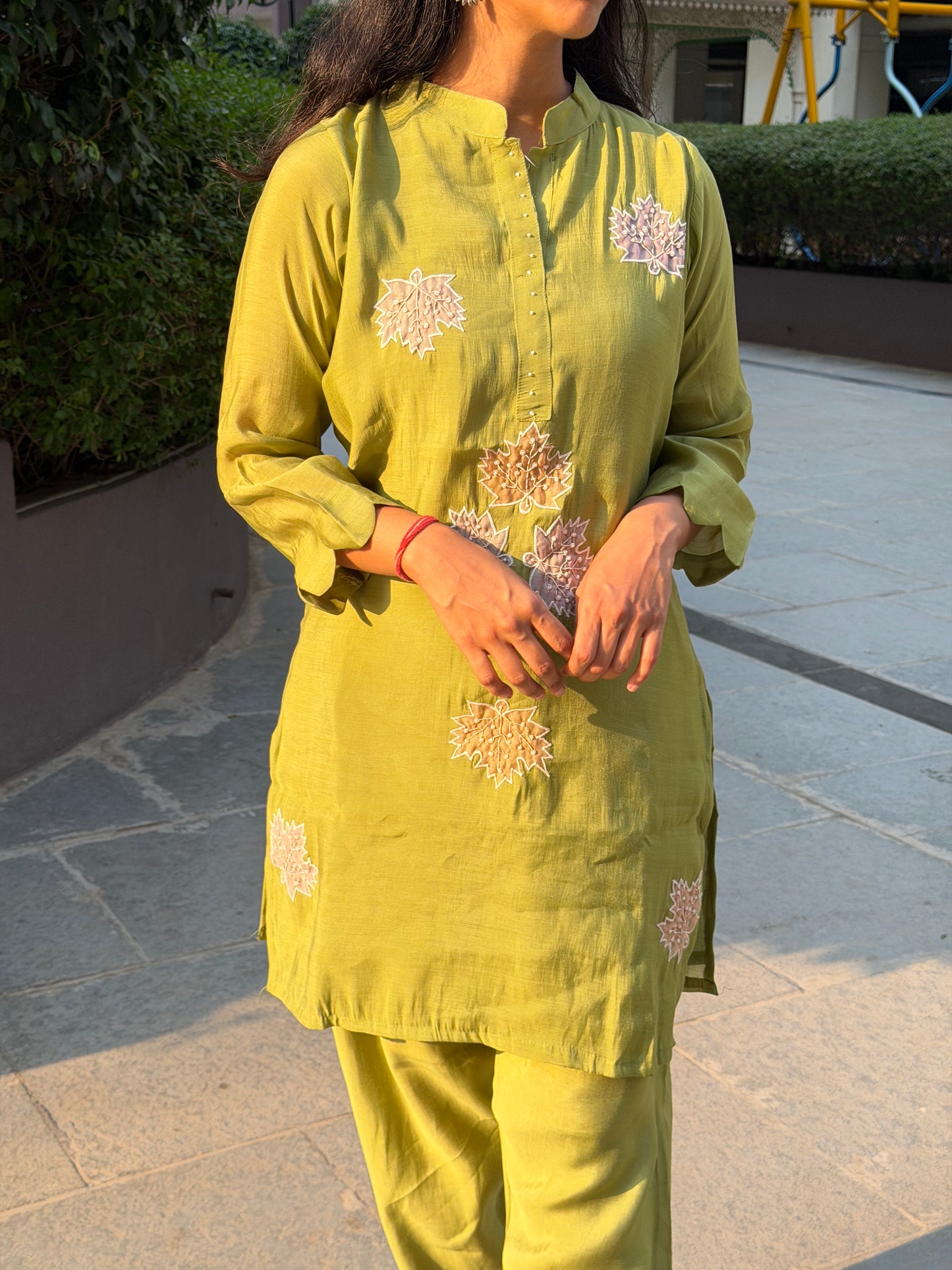 A0692 green mul chanderi coord set with applique work detailing all over the dress