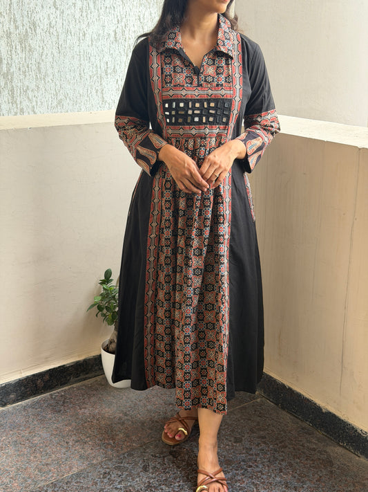 A0776 Black Ajrak A-line dress with cute pockets