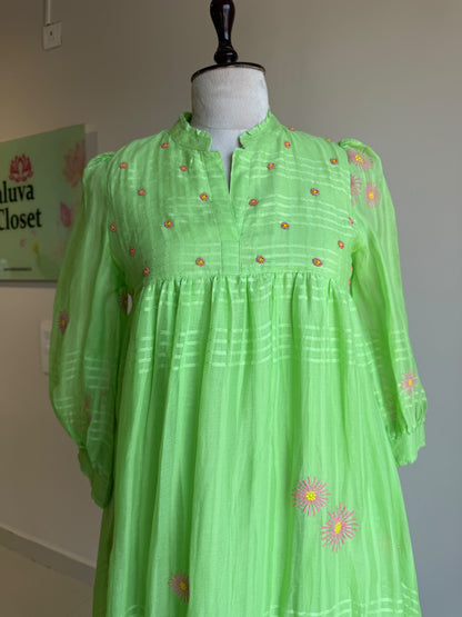A0860 green self stripes cotton one piece dress